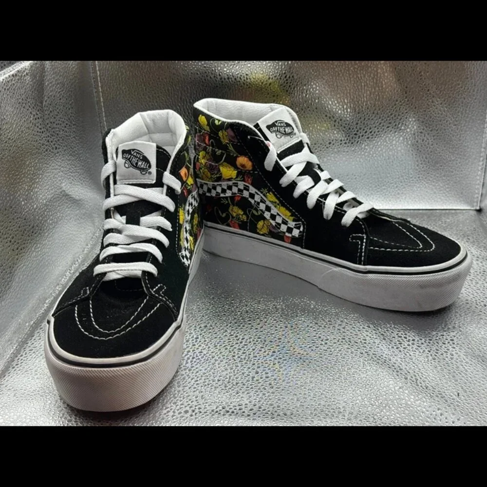 Size 6.5 -‎ Vans Sk8-Hi Platform Colorful Poppy Checkerboard Floral Skate Shoes
